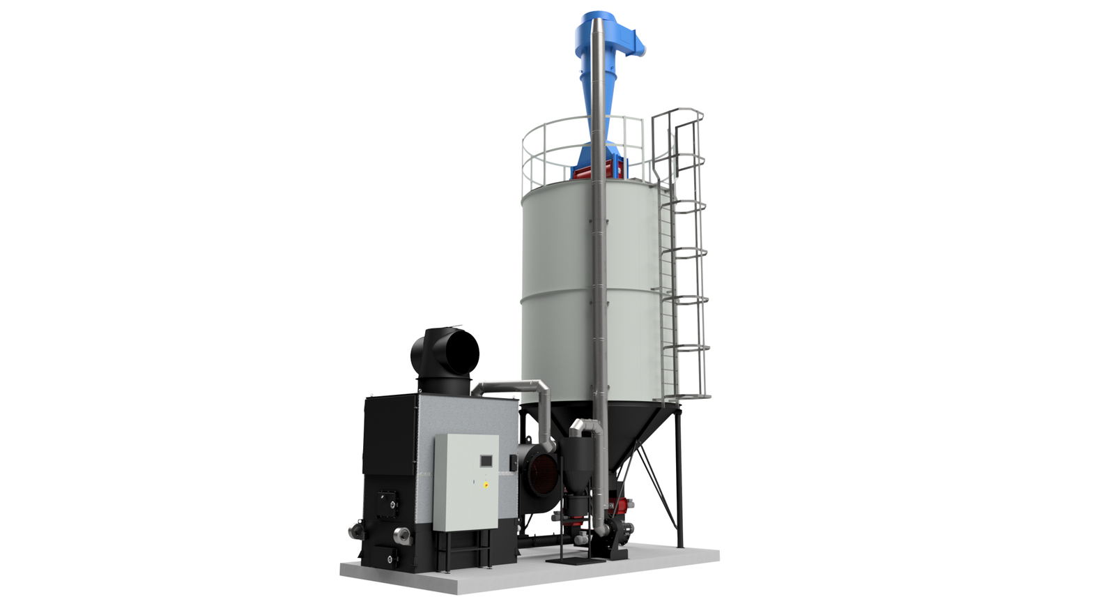 3D render of a Ranheat WA 300 warm air heater with a conical fuel silo and bag loader, general arrangement