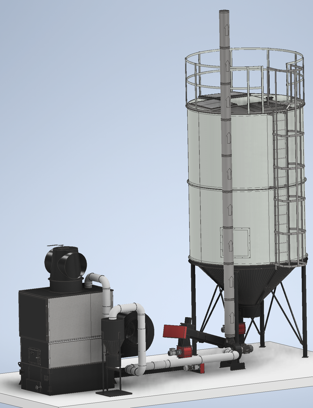 3D render of a Ranheat WA 300 warm air wood waste heater alongside a 3m 2-ring C28 conical fuel silo