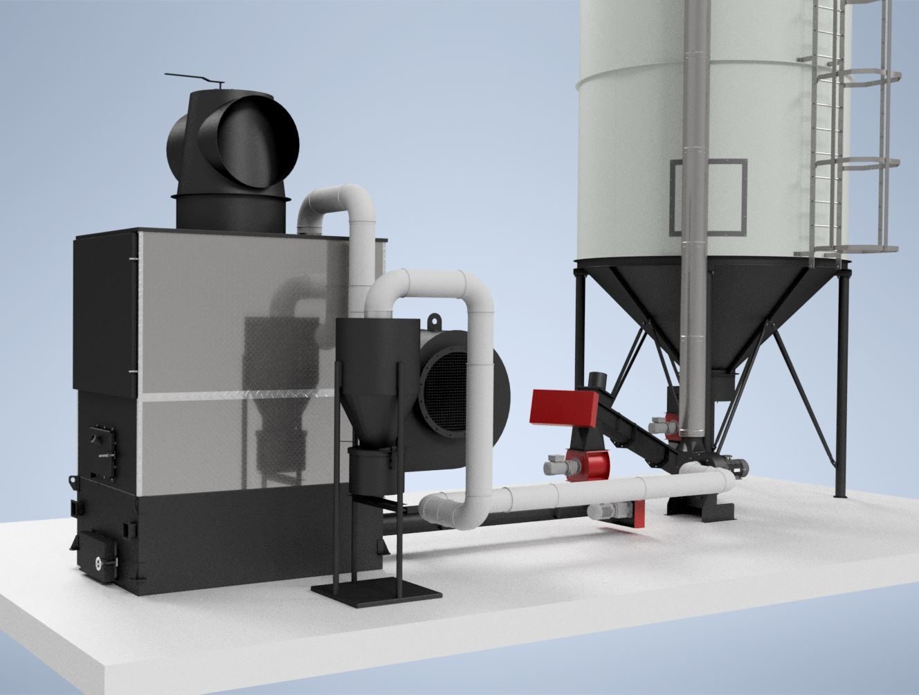 Side-view 3D render of a Ranheat WA 300 warm air heater with single cyclone and a 3m 2-ring C28 conical silo