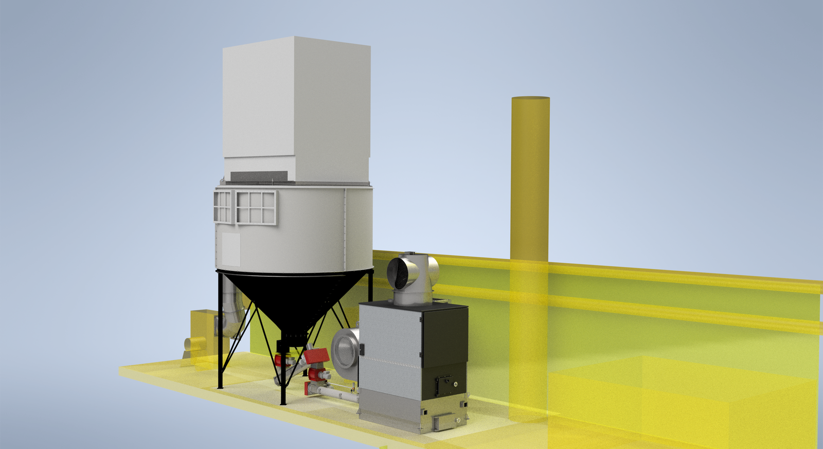 3D front-view render of a Ranheat WA 300 warm air heater with a small C25 silo fuel store at Paneltech