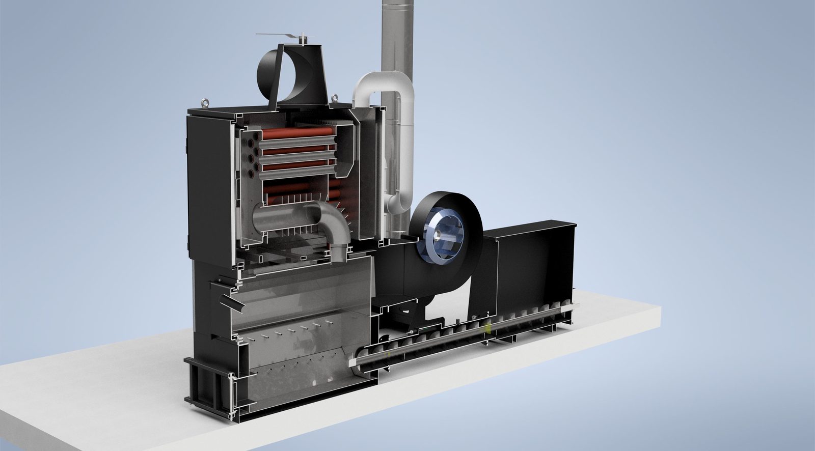 Alternative-angle cutaway 3D render of a Ranheat WA 75 75kW warm air wood waste heater with bag loader fuel handling