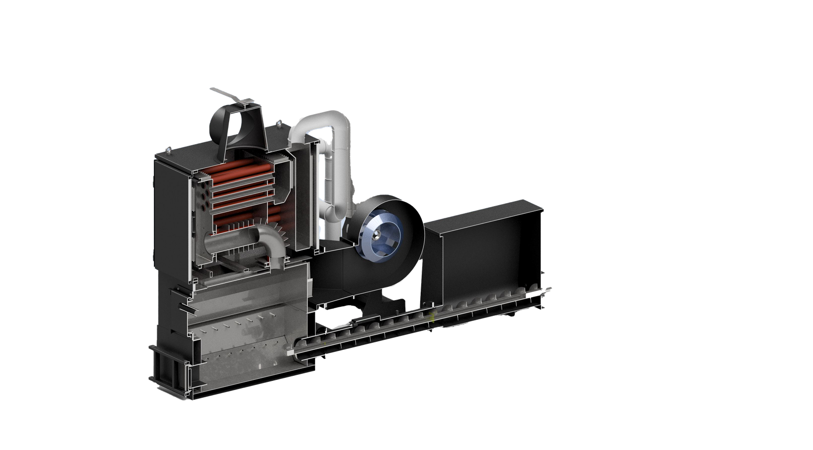 Cutaway 3D render of a Ranheat WA 75 75kW warm air wood waste heater with bag loader fuel handling and centrifugal fan
